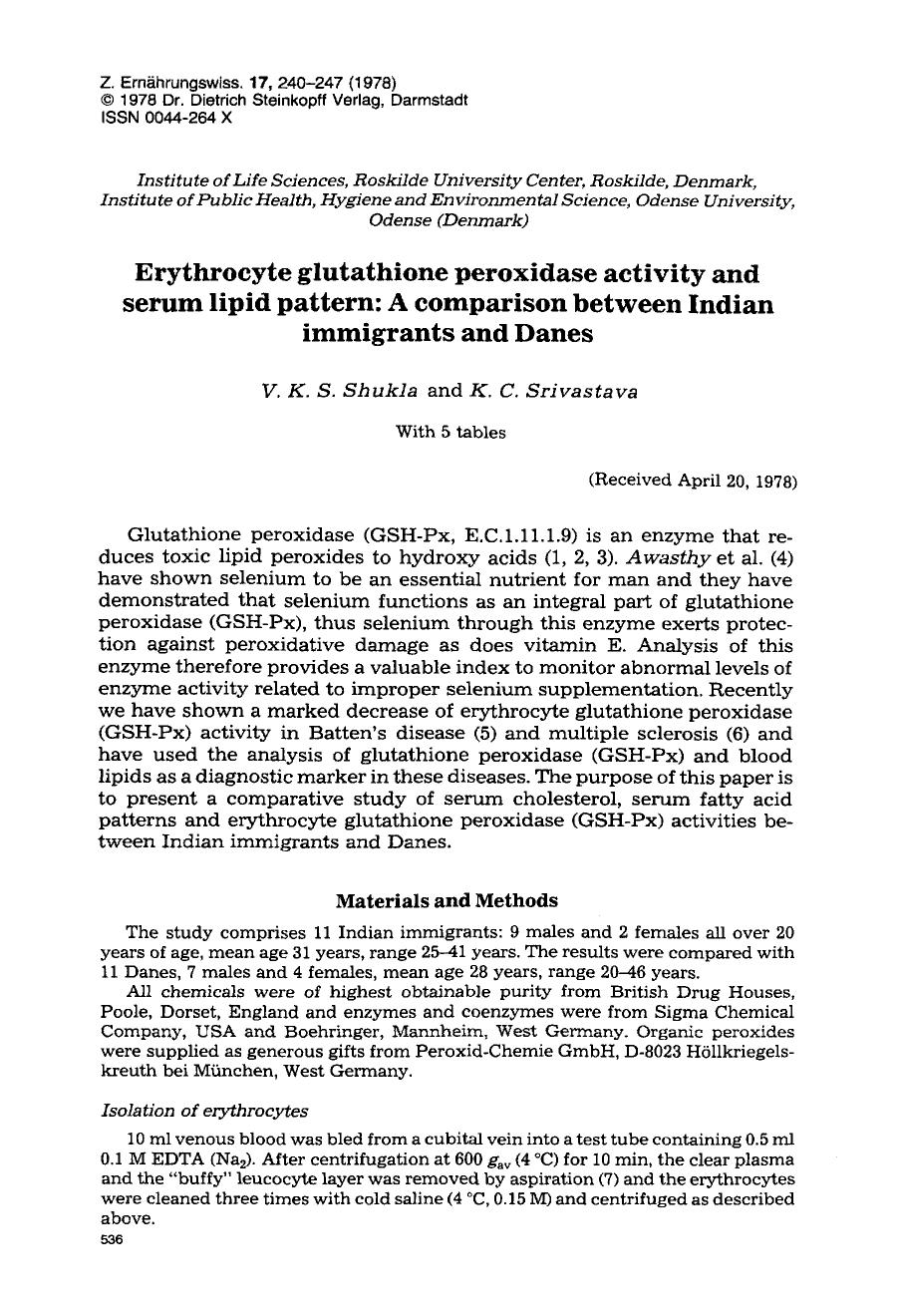 Erythrocyte glutathione peroxidase activity and serum lipid pattern: A comparison between Indian immigrants and Danes by Unknown