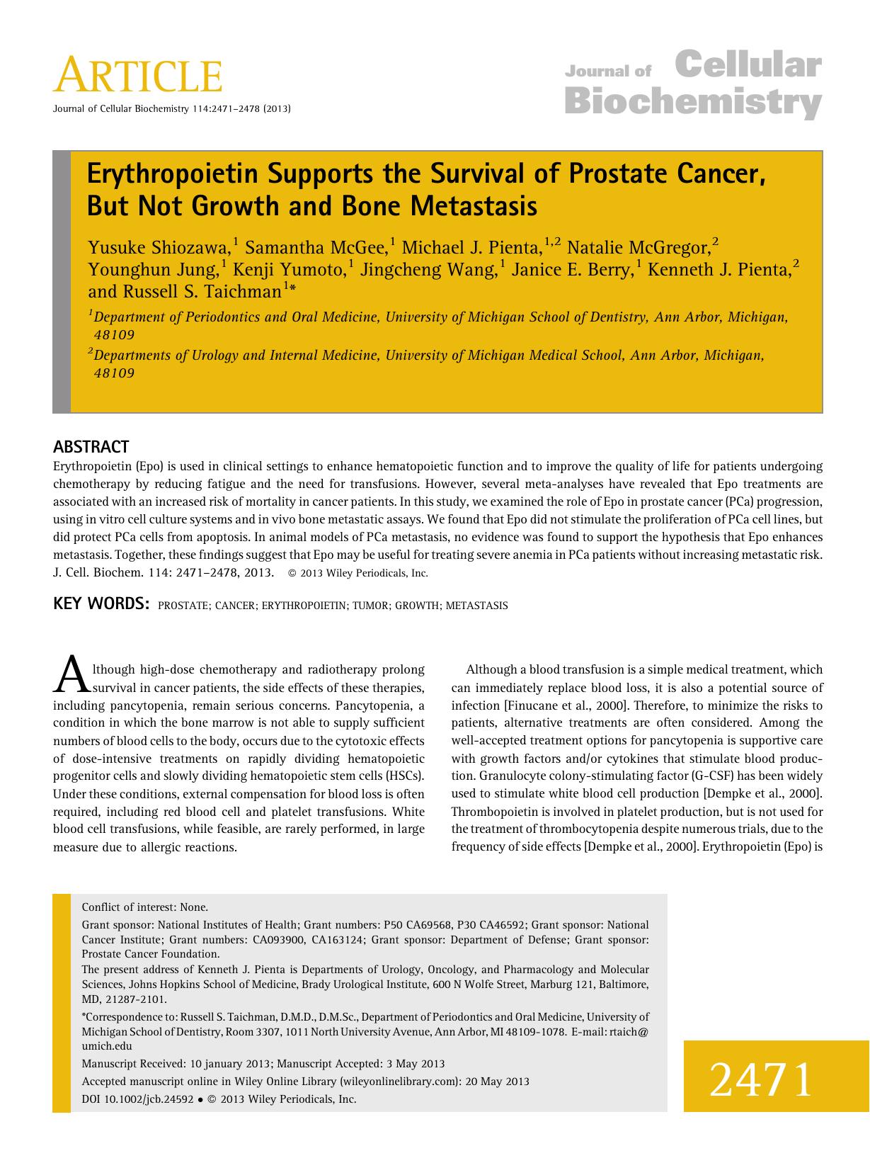Erythropoietin supports the survival of prostate cancer, but not growth and bone metastasis by Unknown
