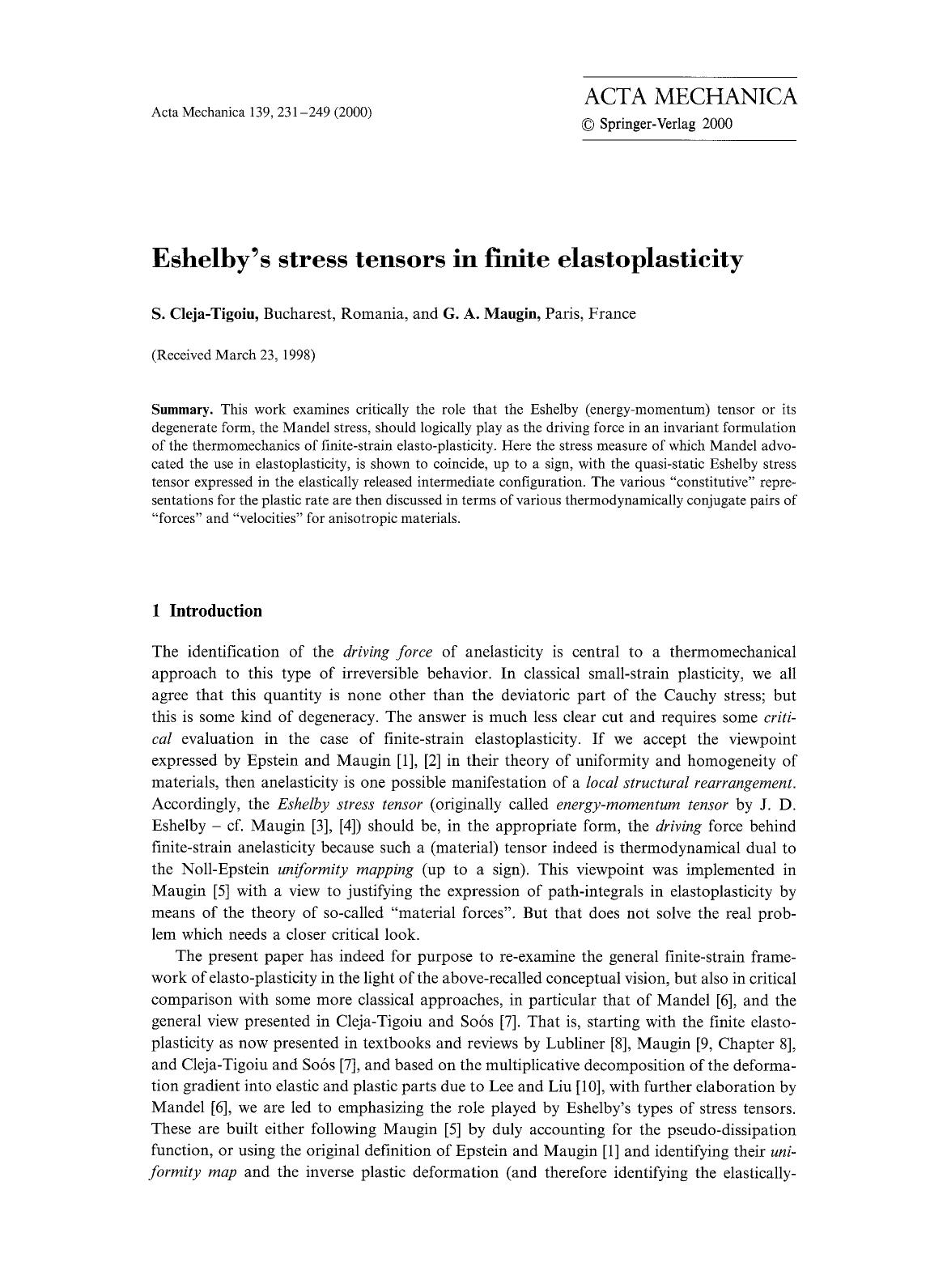 Eshelby's stress tensors in finite elastoplasticity by Unknown