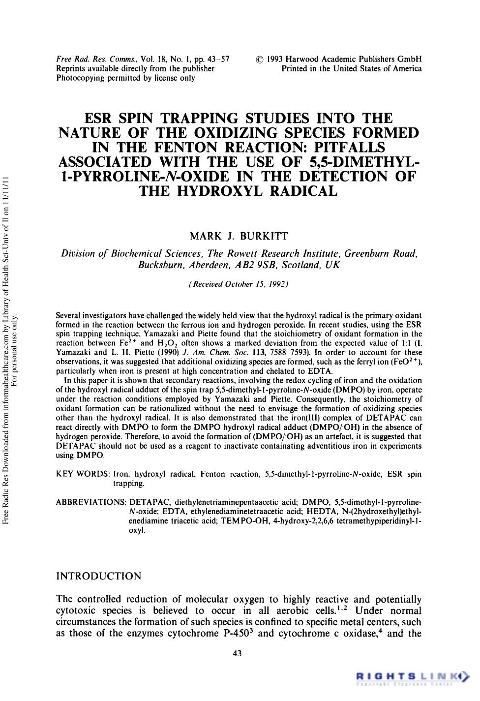 Esr Spin Trapping Studies Into of Nature of the Oxidizing Species Formed in the Fenton Reaction: Pitfalls Associated With of Use Of 5,5-Dimethyl-1-Pyrroline-n-Oxide in the Detectio by Mark J. Burkitt
