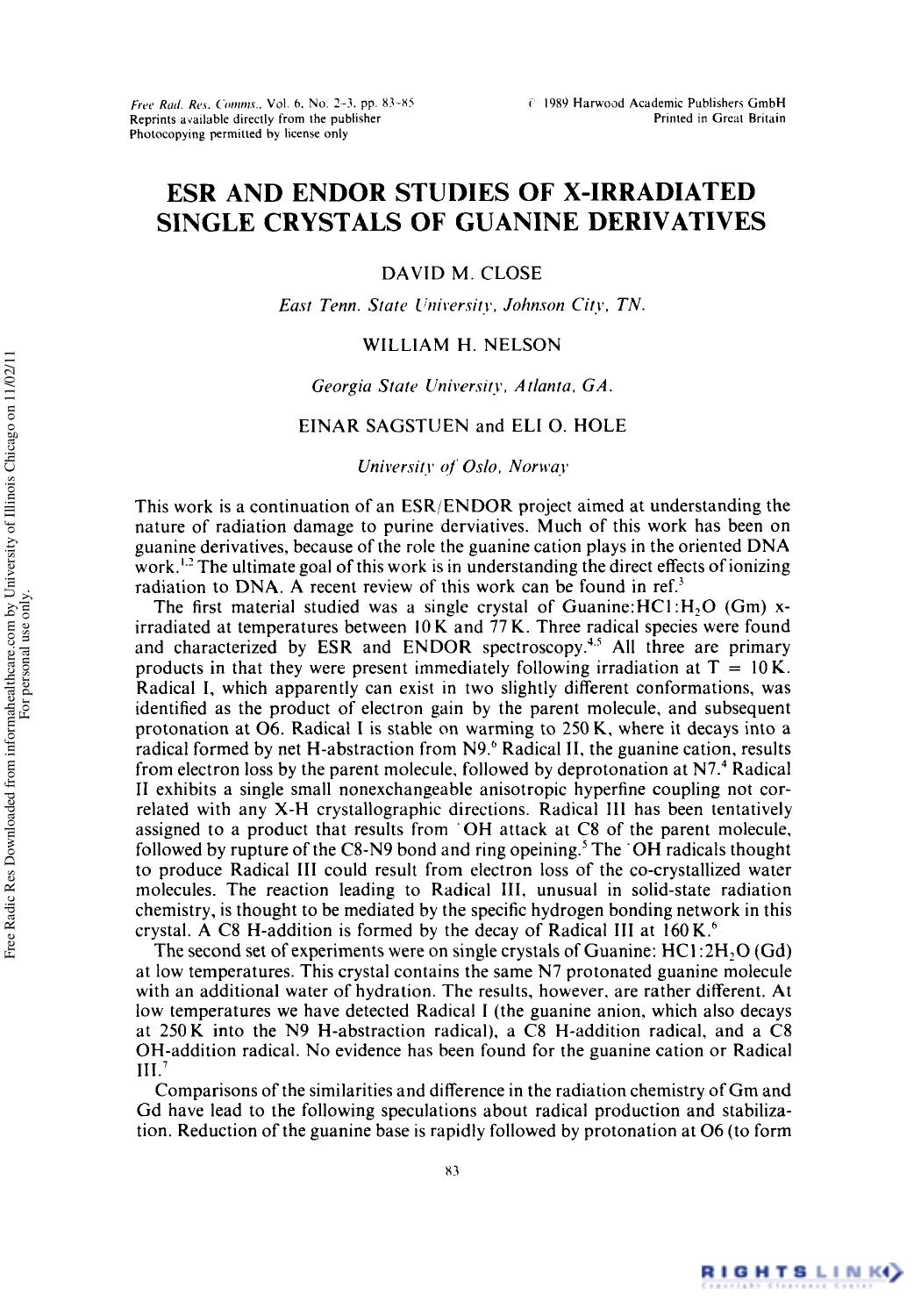 Esr and Endor Studies of X-Irradiated Single Crystals of Guanine Derivatives by David M. Close1 William H. Nelson2 Einar Sagstuen3 & Eli O. Hole3