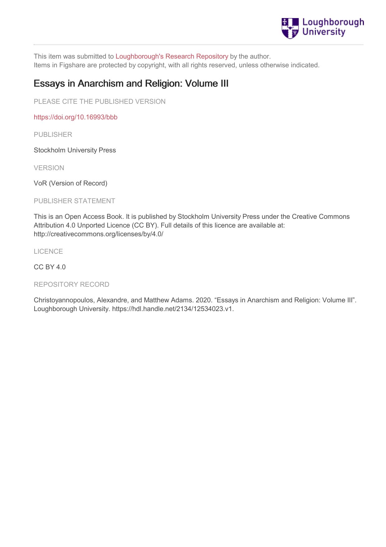 Essays in Anarchism and Religion: Volume III by Alexandre Christoyannopoulos(Org.) Matthew S. Adams(Org.)