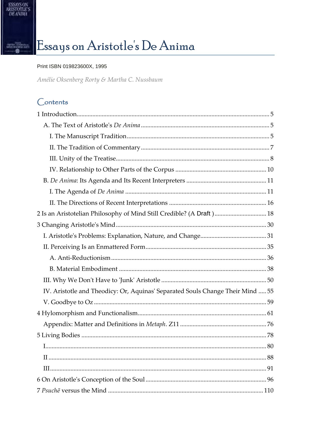 Essays on Aristotle's De Anima by Martha C. Nussbaum Amelie Oksenberg Rorty