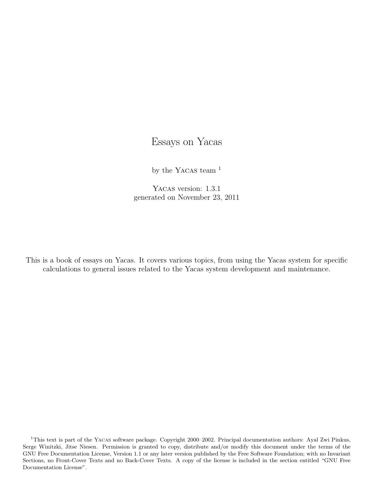 Essays on Yacas by Pinkus A.Z. Winitzki S. Niesen J