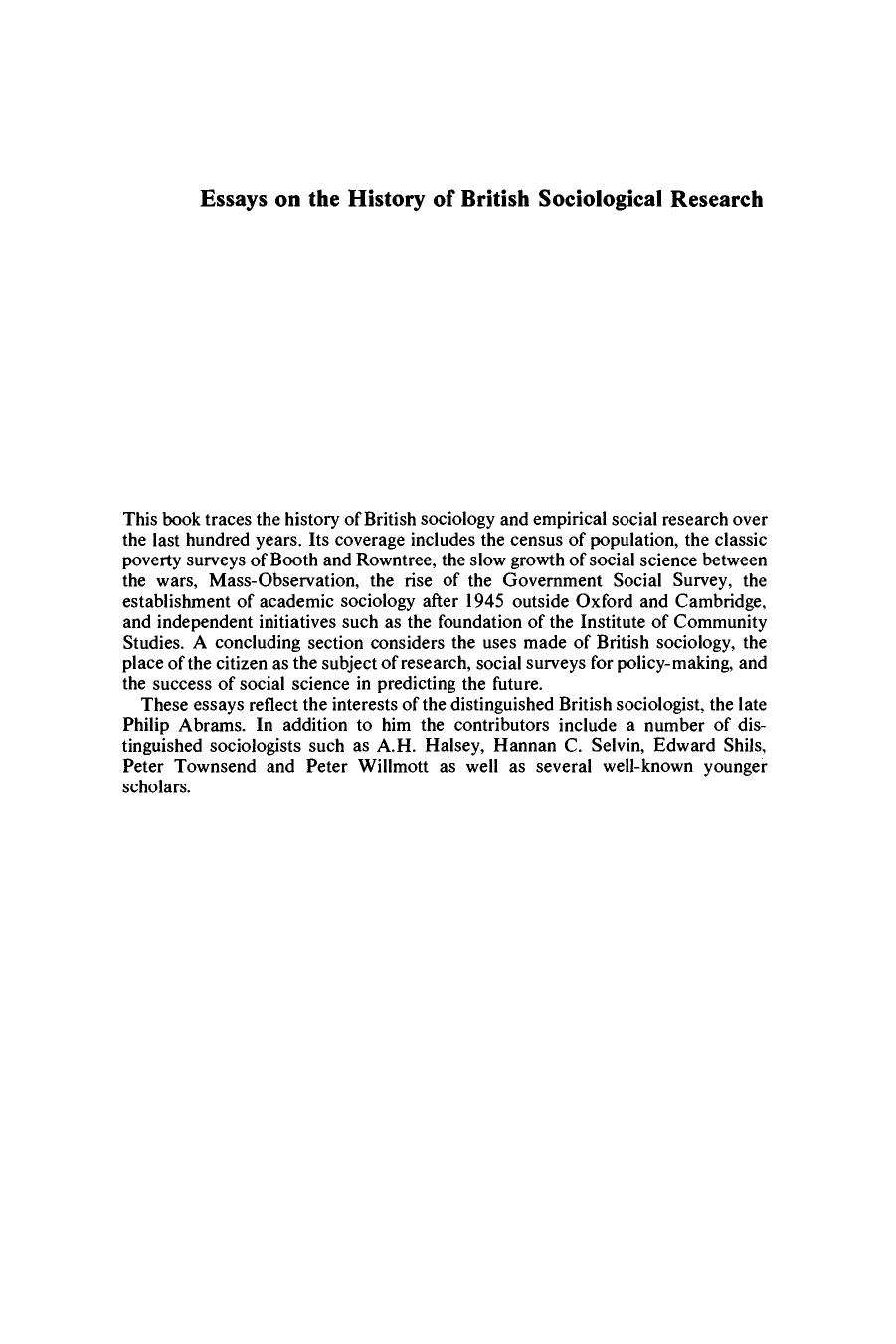 Essays on the History of British Sociological Research by Martin Bulmer