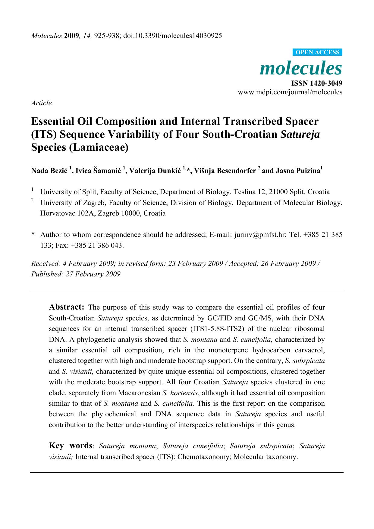 Essential Oil Composition and Internal Transcribed Spacer (ITS) Sequence Variability of Four South-Croatian Satureja Species (Lamiaceae) by Nada Bezić & Ivica Šamanić & Valerija Dunkić & Višnja Besendorfer & Jasna Puizina