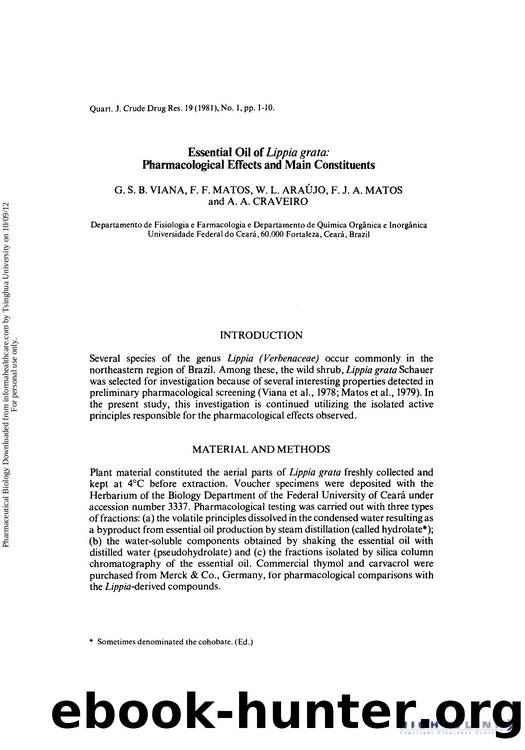Essential Oil of Lippia grata: Pharmacological Effects and Main Constituents by G. S. B. Viana F. F. Matos W. L. Araujo F. J. A. Matos & A. A. Craveiro