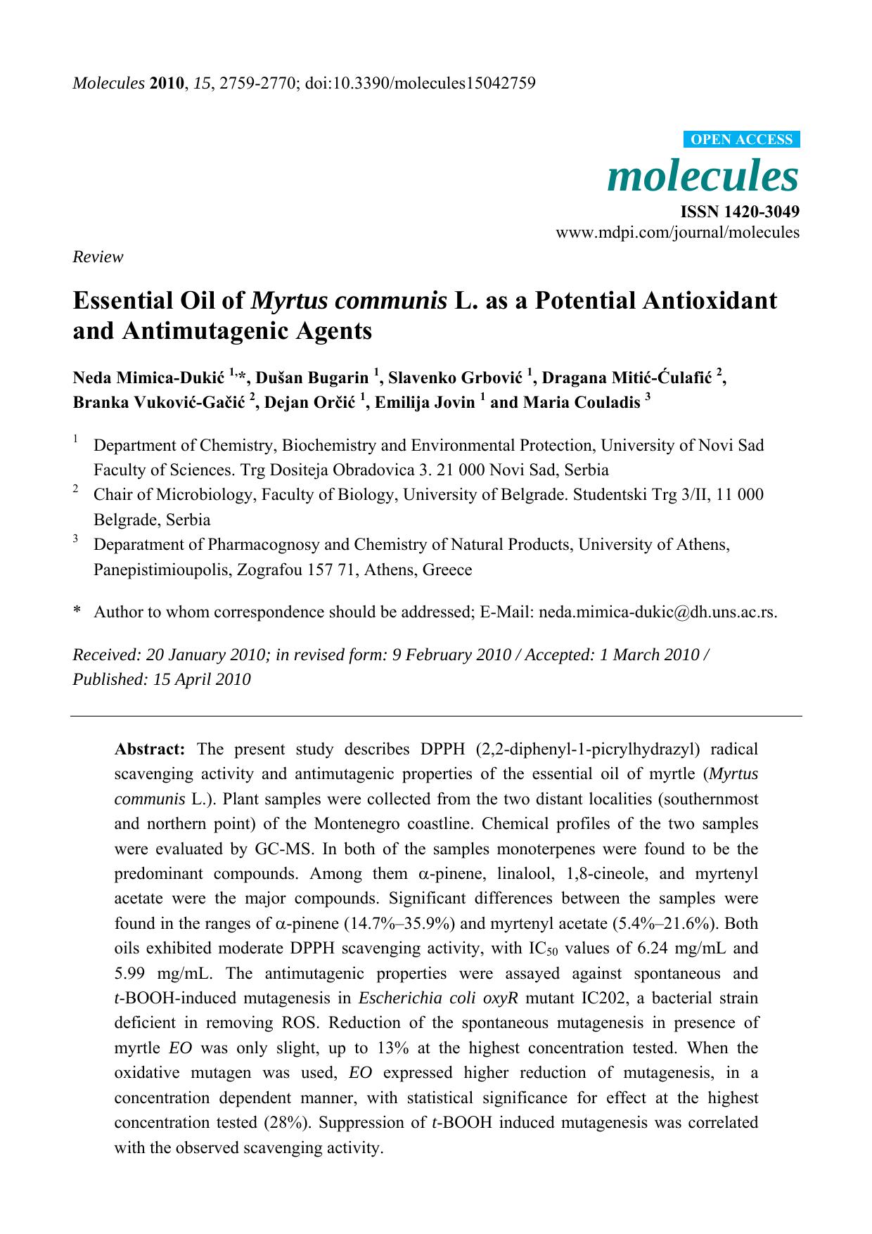 Essential Oil of Myrtus communis L. as a Potential Antioxidant and Antimutagenic Agents by unknow