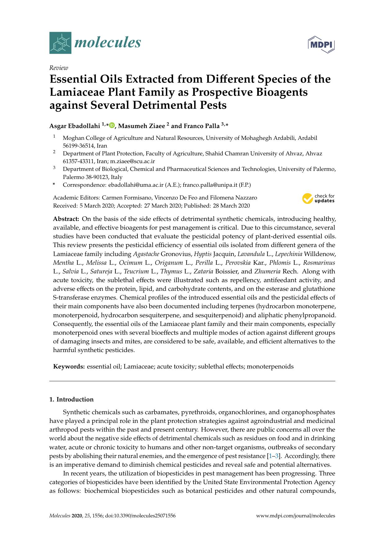 Essential Oils Extracted from Different Species of the Lamiaceae Plant Family as Prospective Bioagents against Several Detrimental Pests by Asgar Ebadollahi