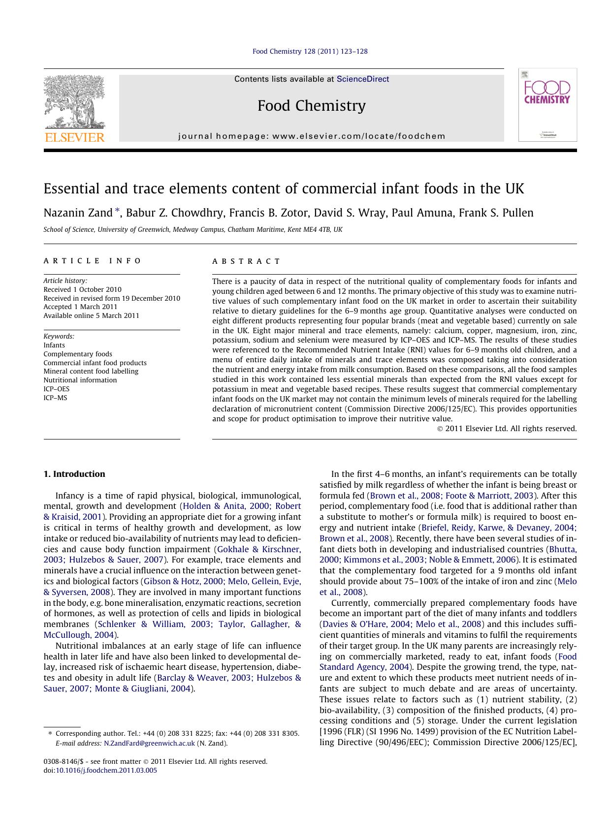 Essential and trace elements content of commercial infant foods in the UK by Nazanin Zand & Babur Z. Chowdhry & Francis B. Zotor & David S. Wray & Paul Amuna & Frank S. Pullen