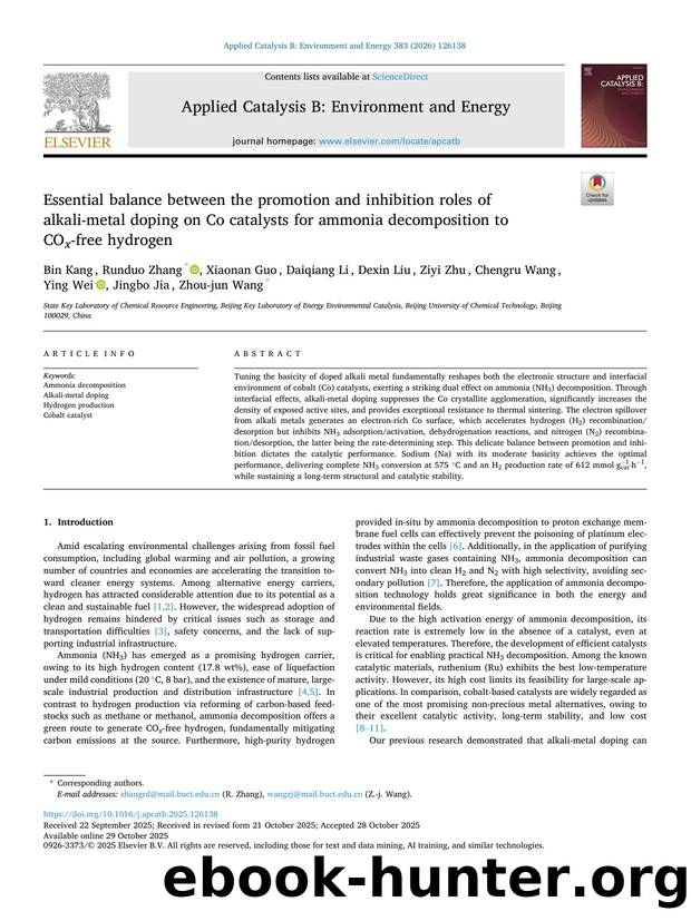 Essential balance between the promotion and inhibition roles of alkali-metal doping on Co catalysts for ammonia decomposition to CO x -free hydrogen by unknow