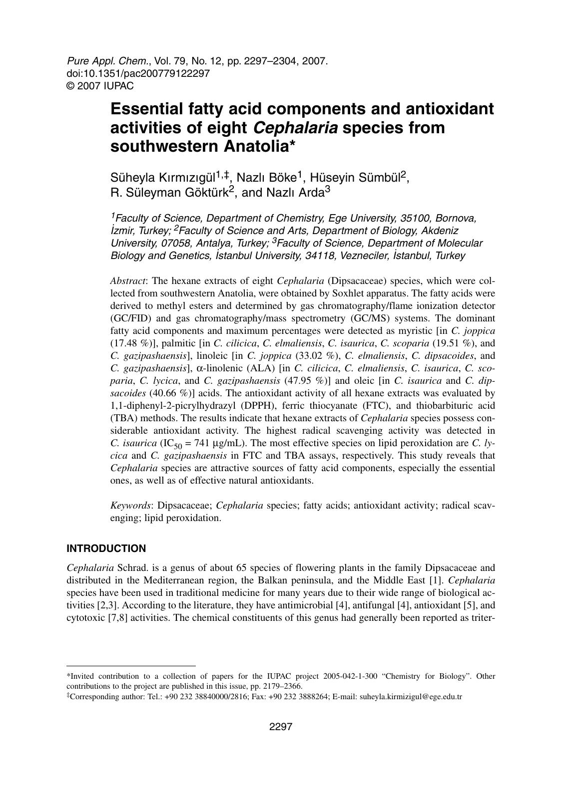 Essential fatty acid components and antioxidant activities of eight Cephalaria species from southwestern Anatolia by unknow