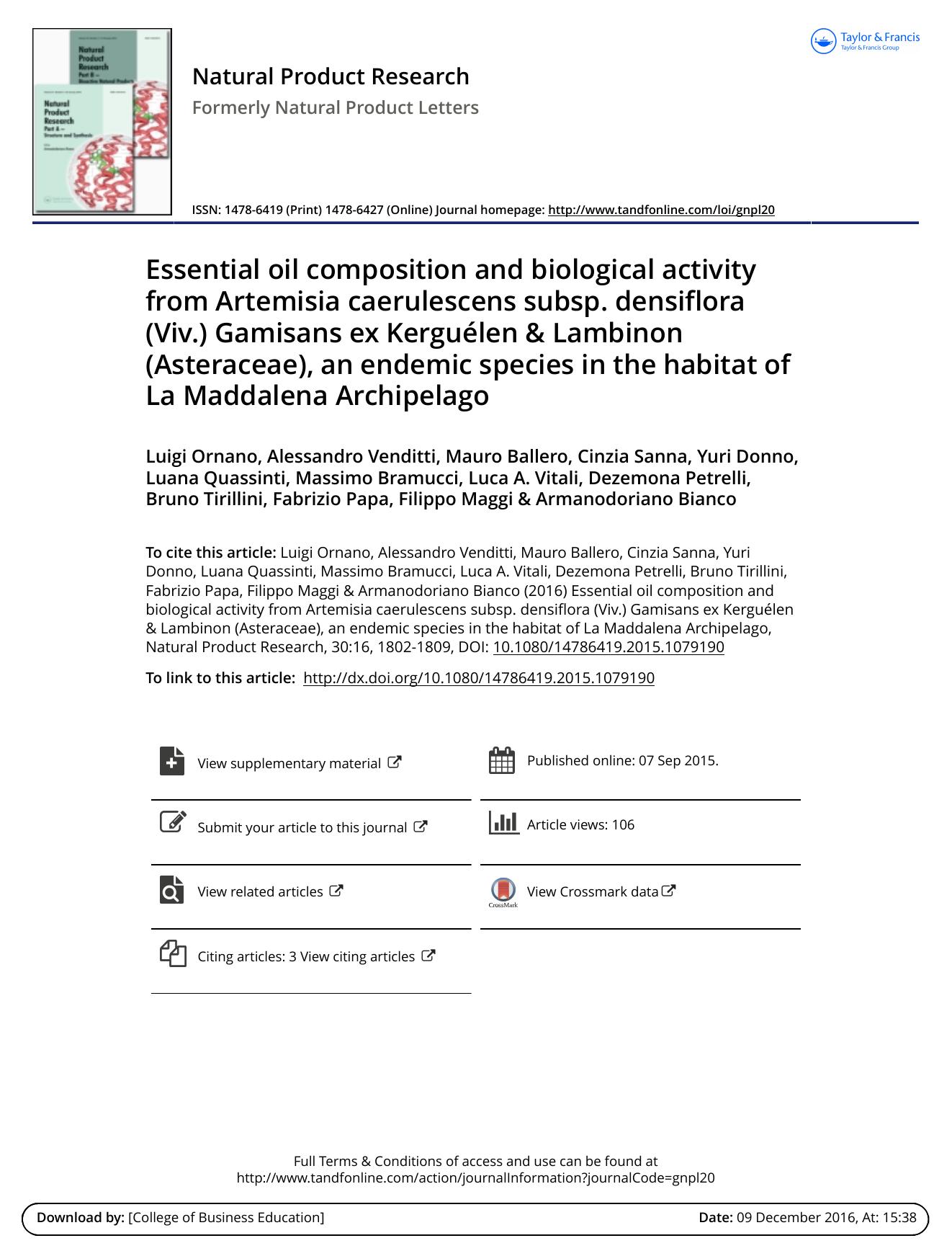 Essential oil composition and biological activity from Artemisia caerulescens subsp. densiflora (Viv.) Gamisans ex KerguÃ©len & Lambinon (Asteraceae), an endemic species in the hab by unknow