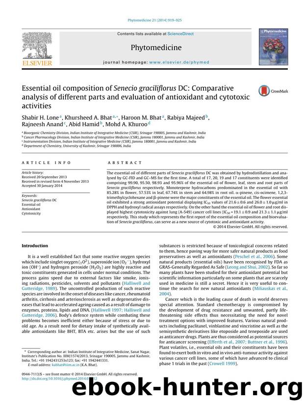 Essential oil composition of Senecio graciliflorus DC: Comparative analysis of different parts and evaluation of antioxidant and cytotoxic activities by unknow