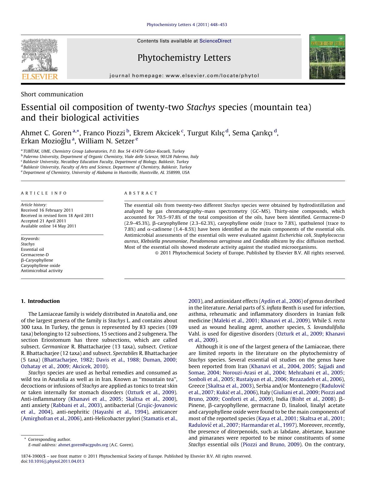 Essential oil composition of twenty-two Stachys species (mountain tea) and their biological activities by Ahmet C. Goren