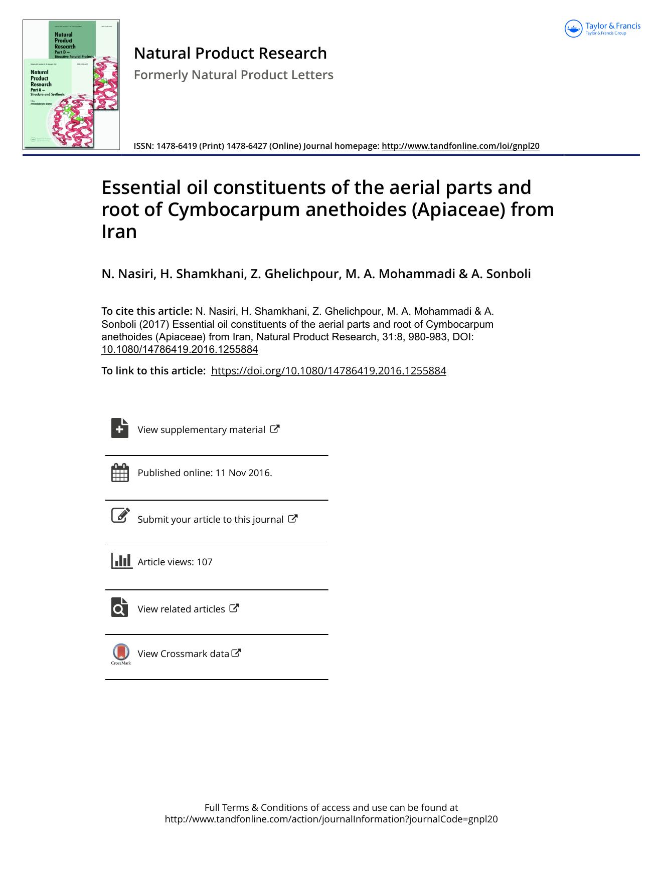 Essential oil constituents of the aerial parts and root of Cymbocarpum anethoides (Apiaceae) from Iran by N. Nasiri & H. Shamkhani & Z. Ghelichpour & M. A. Mohammadi & A. Sonboli
