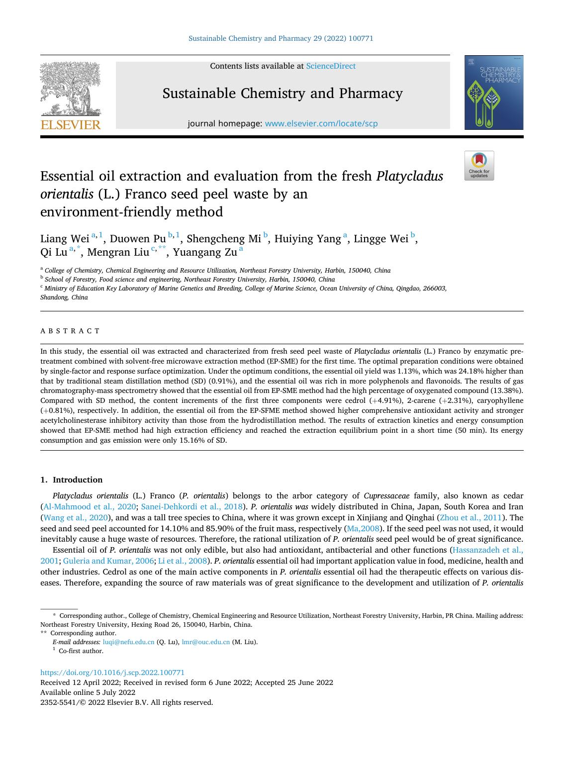 Essential oil extraction and evaluation from the fresh Platycladus orientalis (L.) Franco seed peel waste by an environment-friendly method by unknow