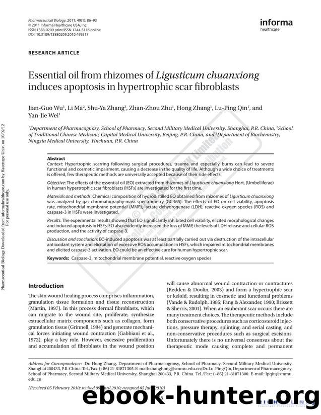 Essential oil from rhizomes of Ligusticum chuanxiong induces apoptosis in hypertrophic scar fibroblasts by Jian-Guo Wu Li Ma Shu-Ya Zhang Zhan-Zhou Zhu Hong Zhang Lu-Ping Qin & Yan-Jie Wei