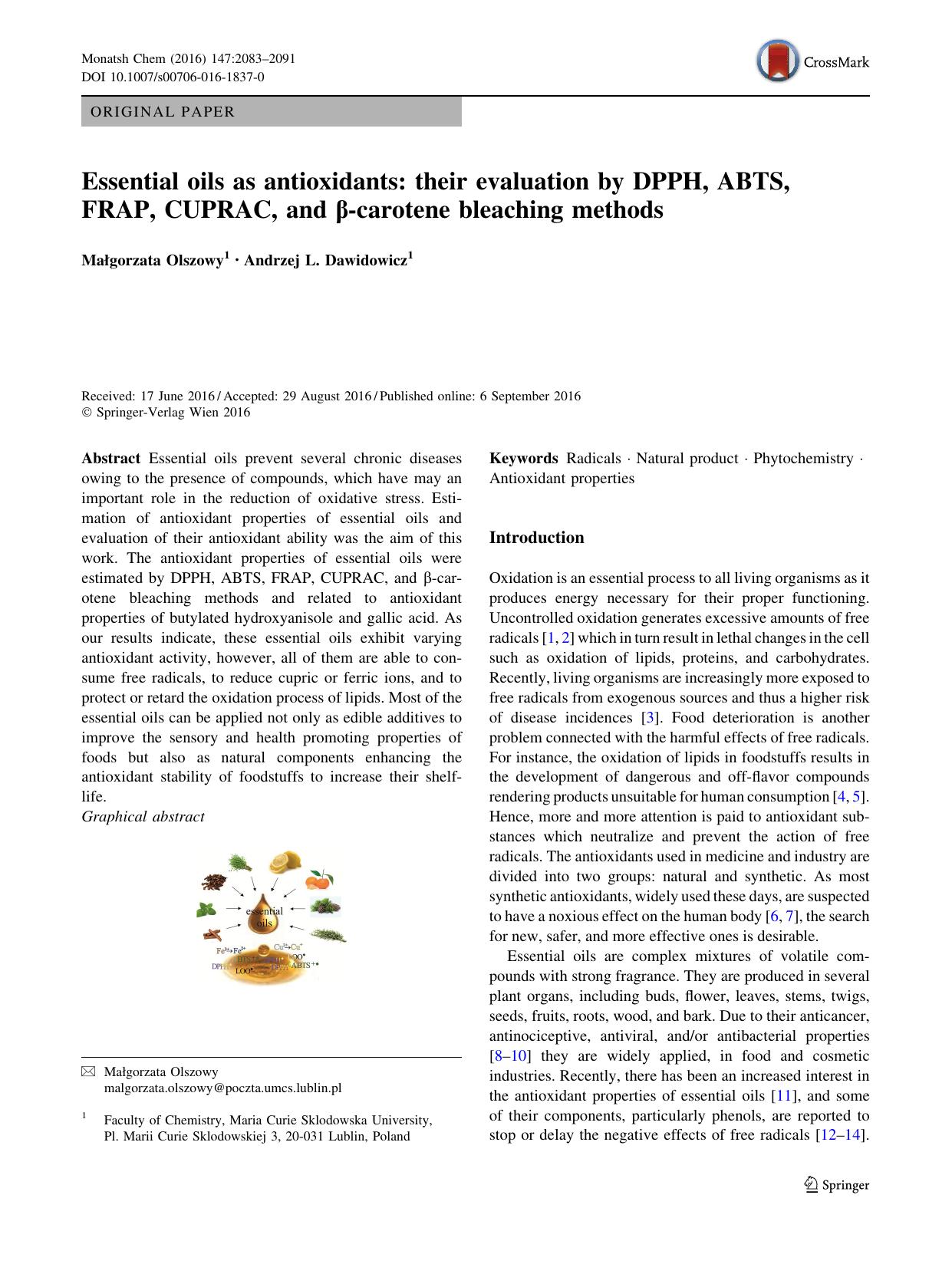 Essential oils as antioxidants: their evaluation by DPPH, ABTS, FRAP, CUPRAC, and Î²-carotene bleaching methods by Małgorzata Olszowy & Andrzej L. Dawidowicz