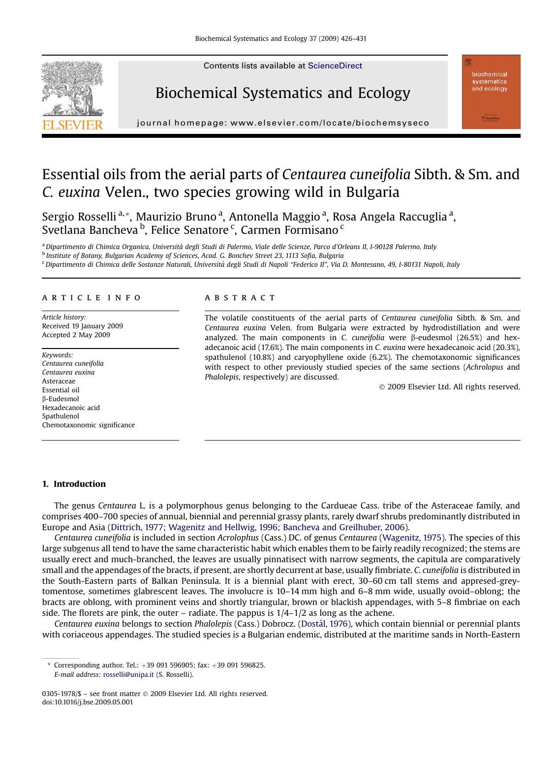 Essential oils from the aerial parts of Centaurea cuneifolia Sibth. &amp; Sm. and C. euxina Velen., two species growing wild in Bulgaria by unknow