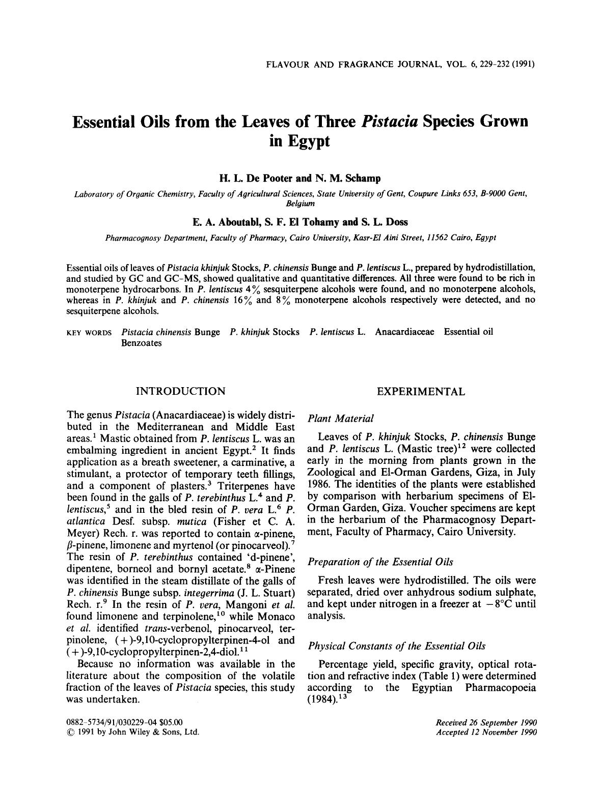 Essential oils from the leaves of three Pistacia species grown in Egypt by Unknown