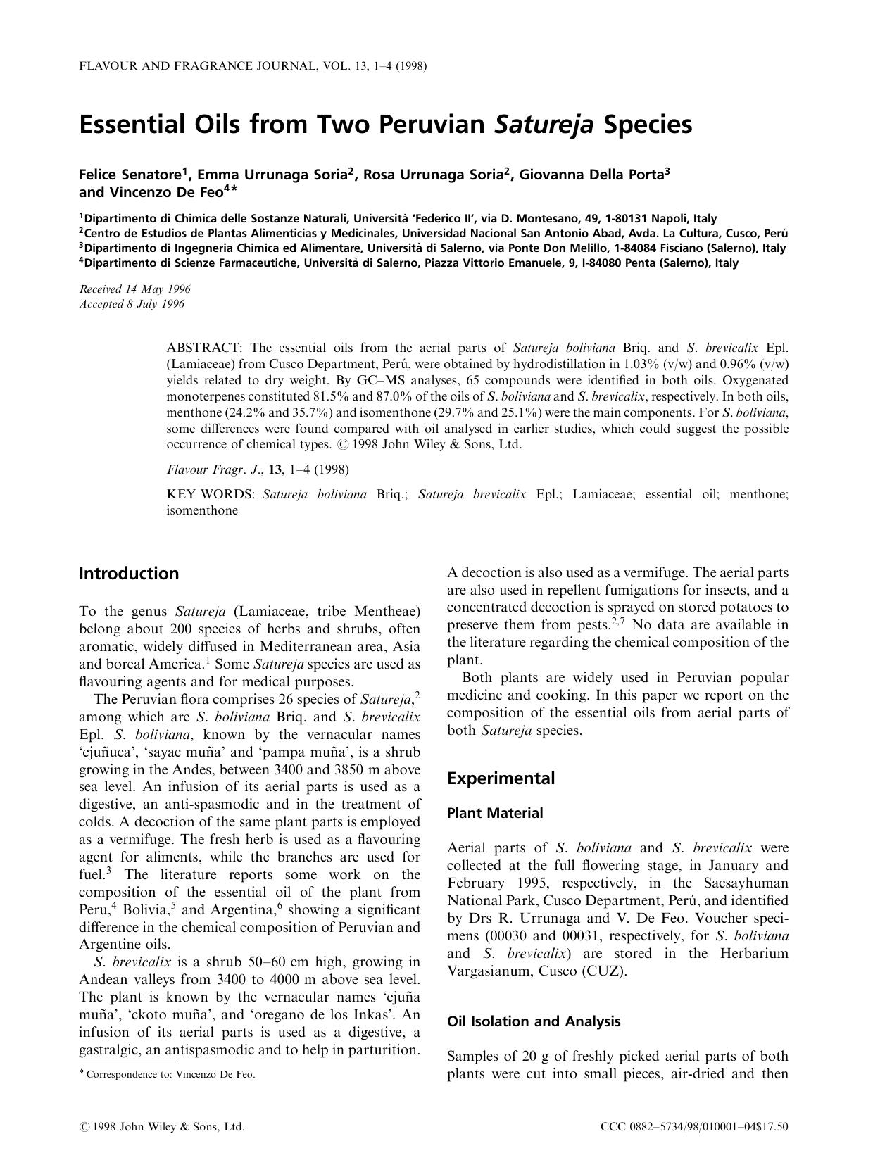 Essential oils from two Peruvian Satureja species by Unknown