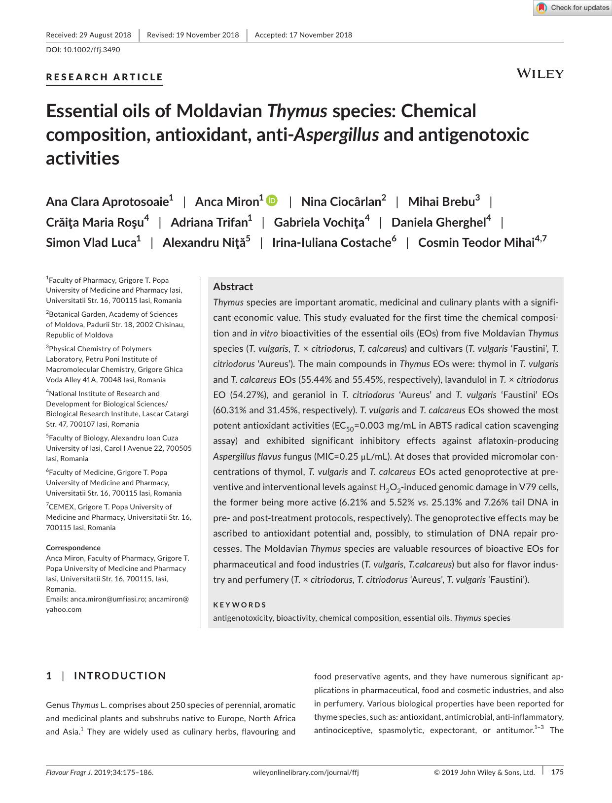 Essential oils of Moldavian Thymus species: Chemical composition, antioxidant, antiâAspergillus and antigenotoxic activities by Unknown