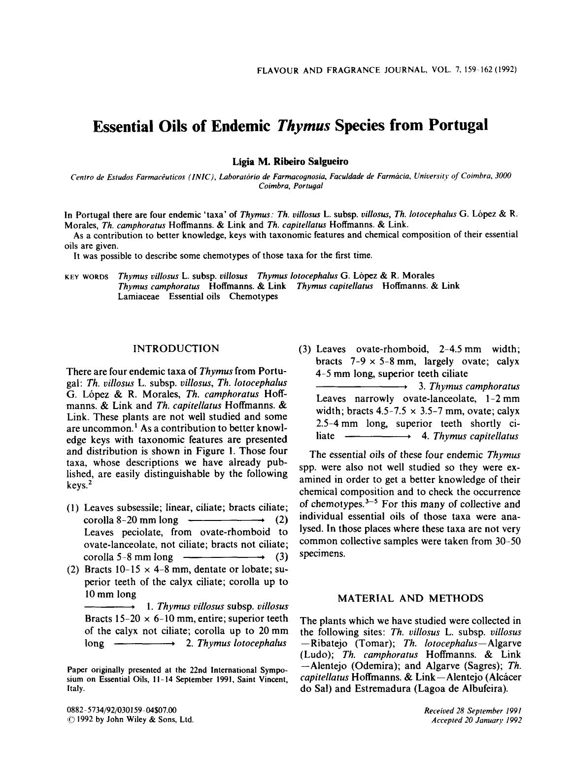 Essential oils of endemic thymus species from Portugal by Unknown