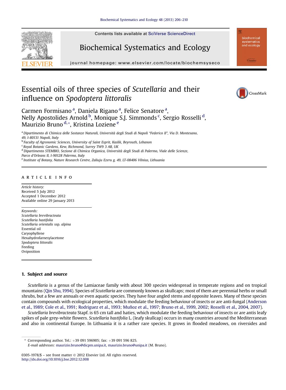 Essential oils of three species of Scutellaria and their influence on Spodoptera littoralis by unknow