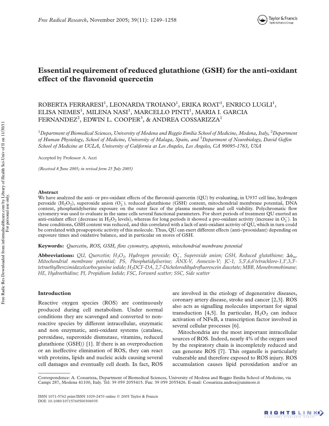 Essential requirement of reduced glutathione (GSH) for the anti-oxidant effect of the flavonoid quercetin by unknow
