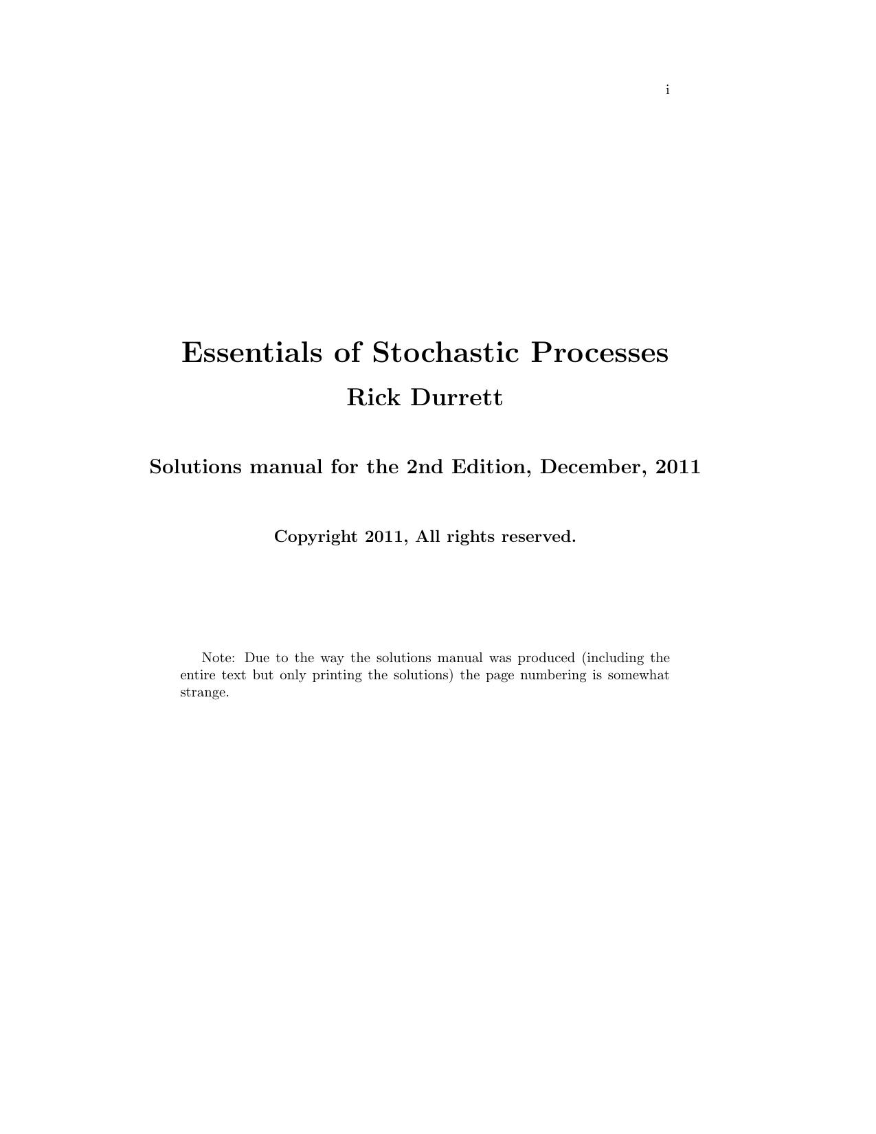 Essentials of Stochastic Processes, Second Edition (Instructor Solution Manual, Solutions) by Richard Durrett