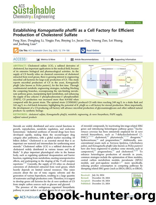 Establishing Komagataella phaffii as a Cell Factory for Efficient Production of Cholesterol Sulfate by Feng Xiao Dongfang Li Yingjia Pan Binying Lv Jucan Gao Yimeng Zuo Lei Huang and Jiazhang Lian