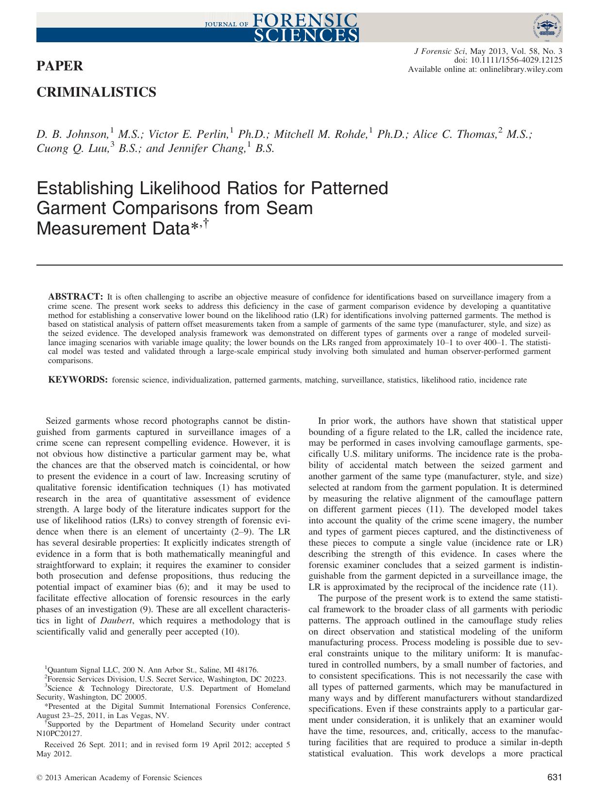 Establishing Likelihood Ratios for Patterned Garment Comparisons from Seam Measurement Data, by Unknown
