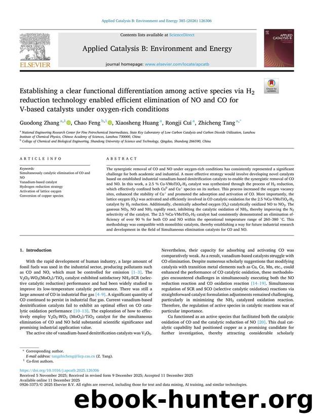 Establishing a clear functional differentiation among active species via H2 reduction technology enabled efficient elimination of NO and CO for V-based catalysts under oxygen-rich conditions by Guodong Zhang & Chao Feng & Xiaosheng Huang & Rongji Cui & Zhicheng Tang