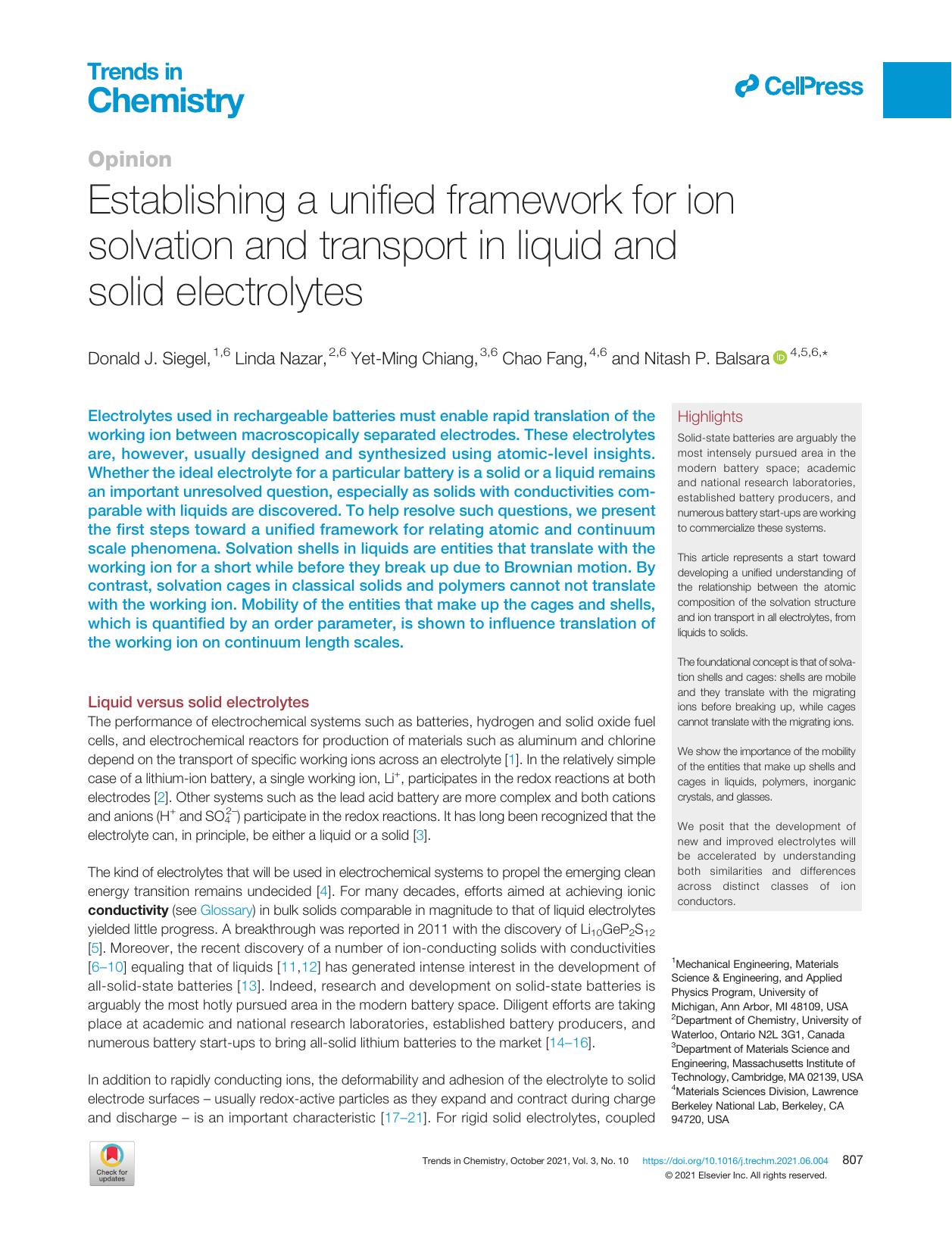 Establishing a unified framework for ion solvation and transport in liquid and solid electrolytes by Donald J. Siegel & Linda Nazar & Yet-Ming Chiang & Chao Fang & Nitash P. Balsara