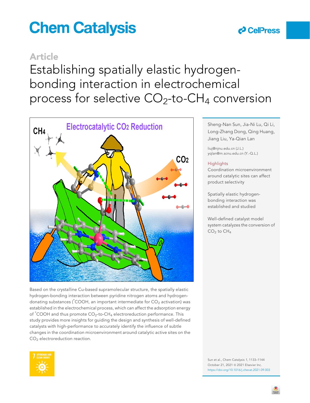 Establishing spatially elastic hydrogen-bonding interaction in electrochemical process for selective CO2-to-CH4 conversion by Sheng-Nan Sun & Jia-Ni Lu & Qi Li & Long-Zhang Dong & Qing Huang & Jiang Liu & Ya-Qian Lan