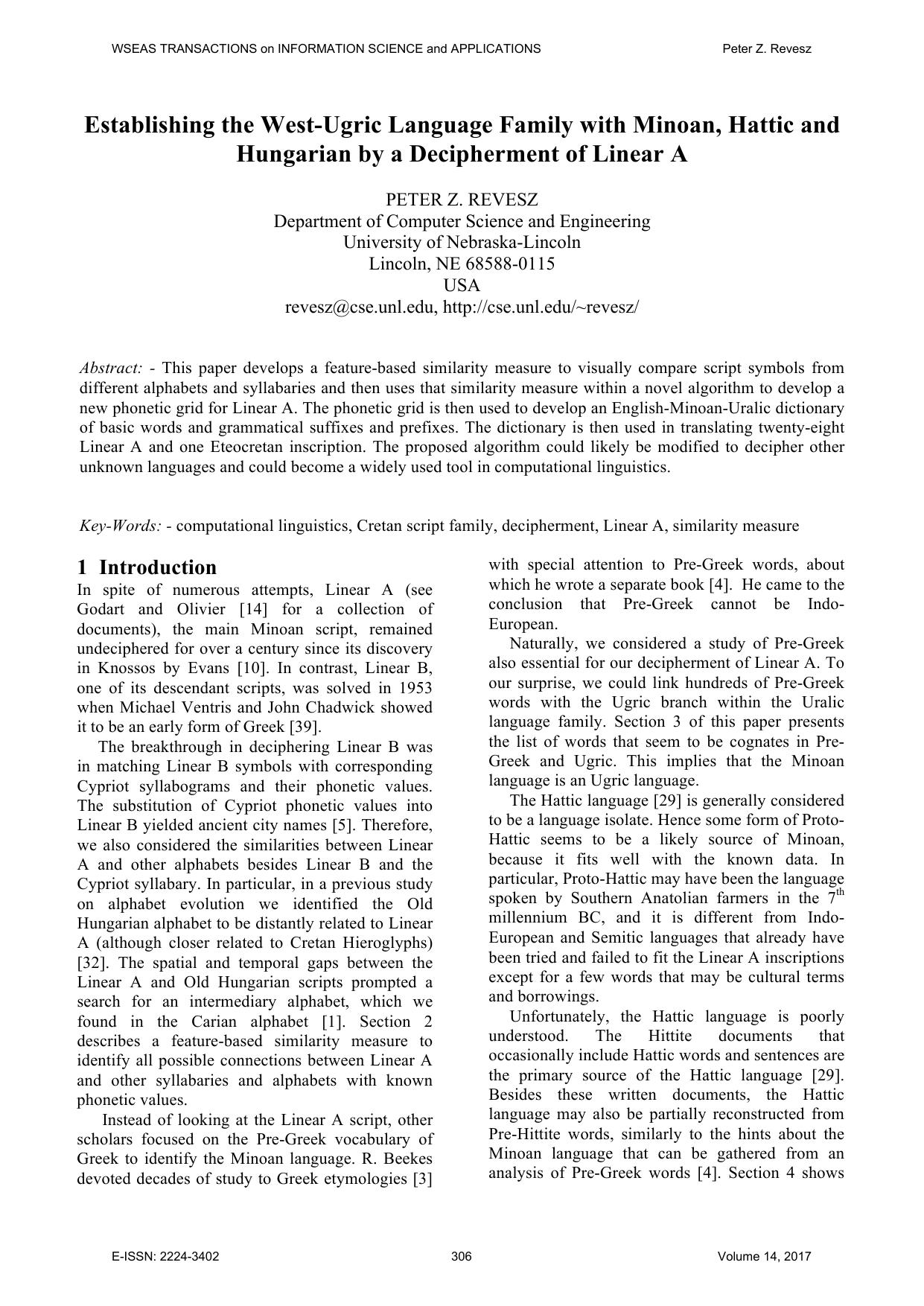 Establishing the West Ugric Language Family with Minoan , Hattic and Hungarian by a Decipherment of Linear A by Peter R. Revesz