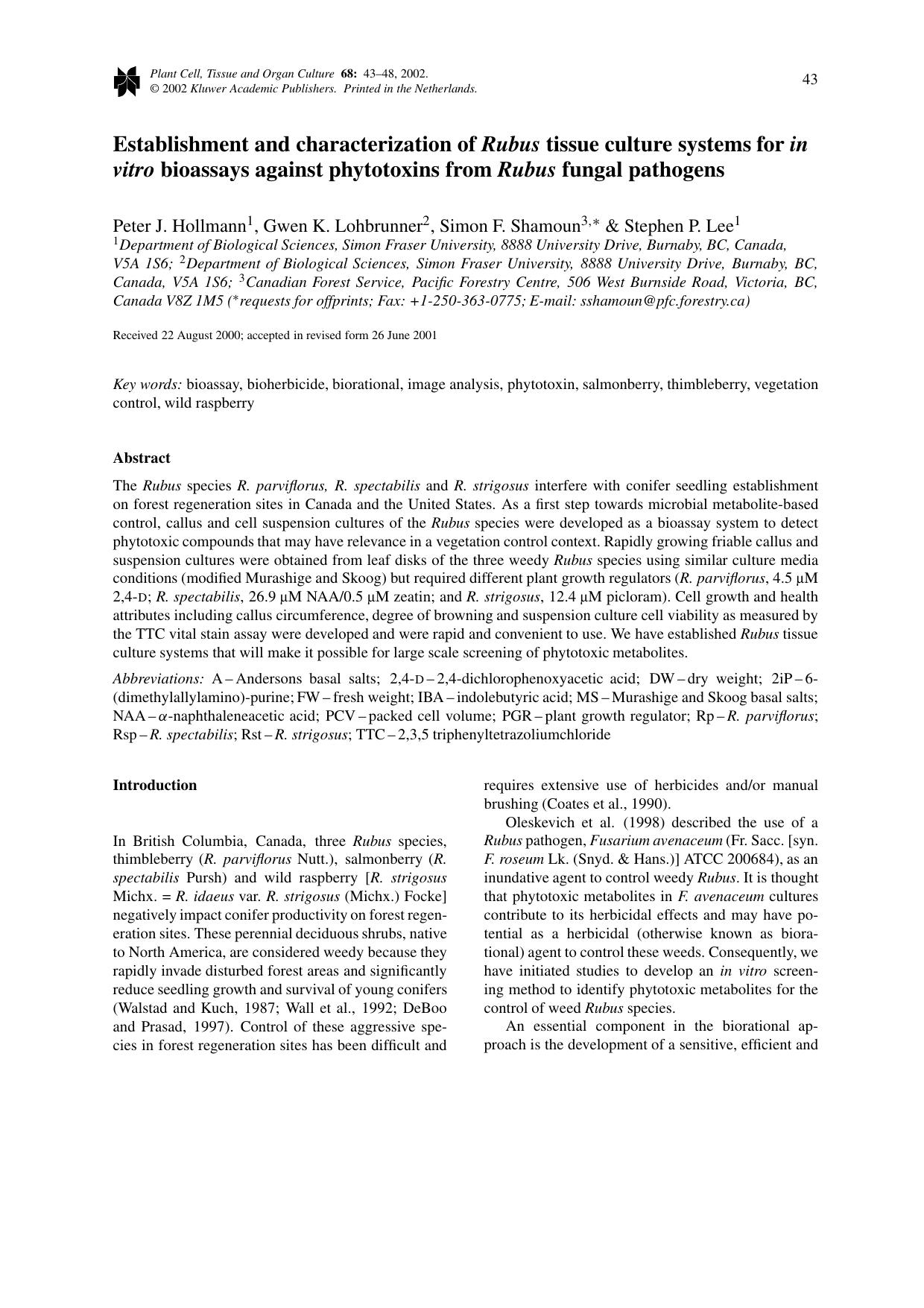 Establishment and characterization of Rubus tissue culture systems for in vitro bioassays against phytotoxins from Rubus fungal pathogens by Unknown