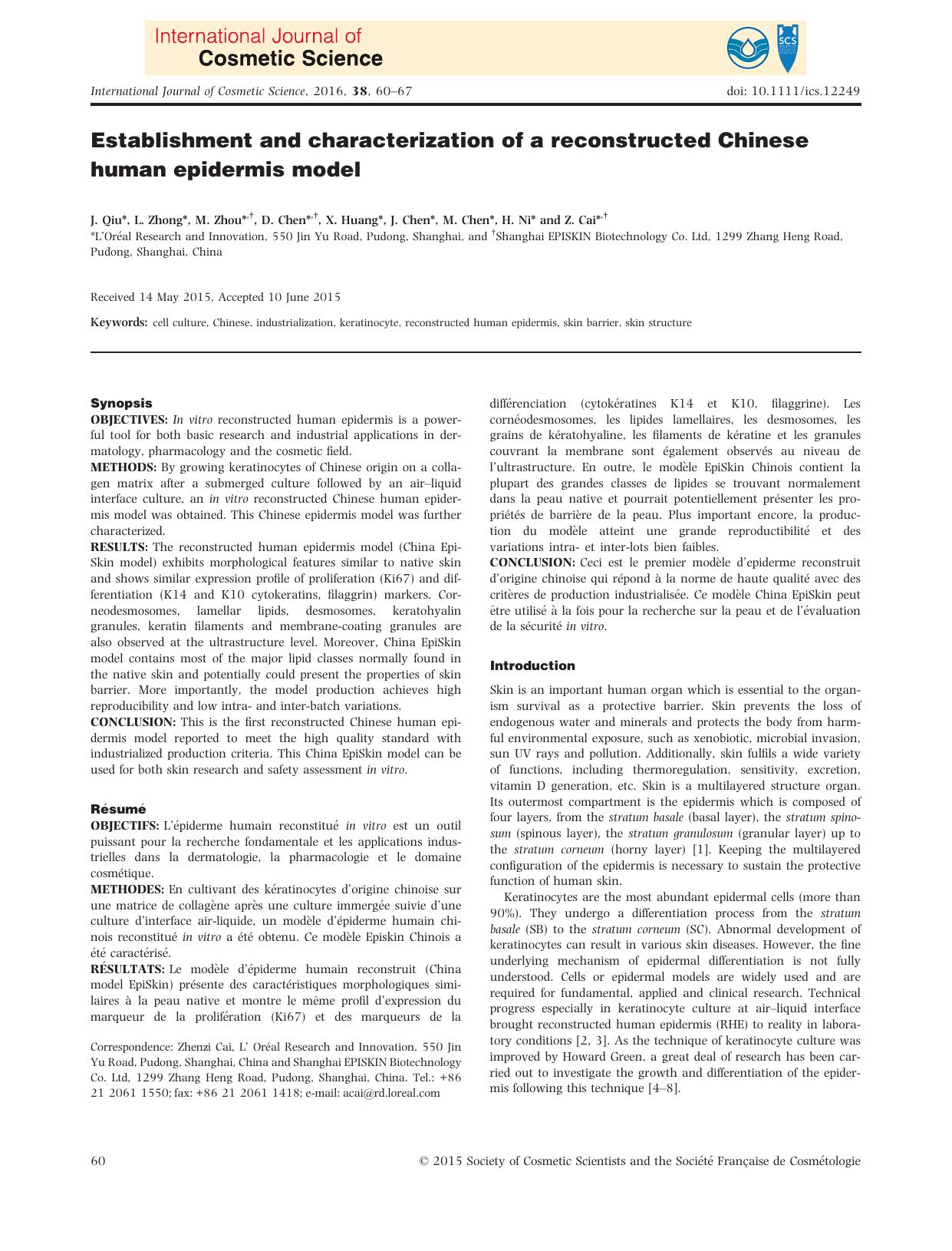Establishment and characterization of a reconstructed Chinese human epidermis model by Unknown
