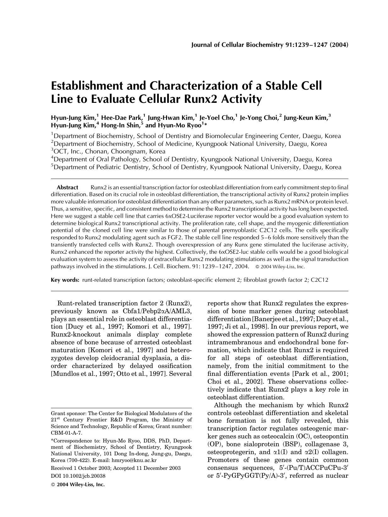 Establishment and characterization of a stable cell line to evaluate cellular Runx2 activity by Unknown