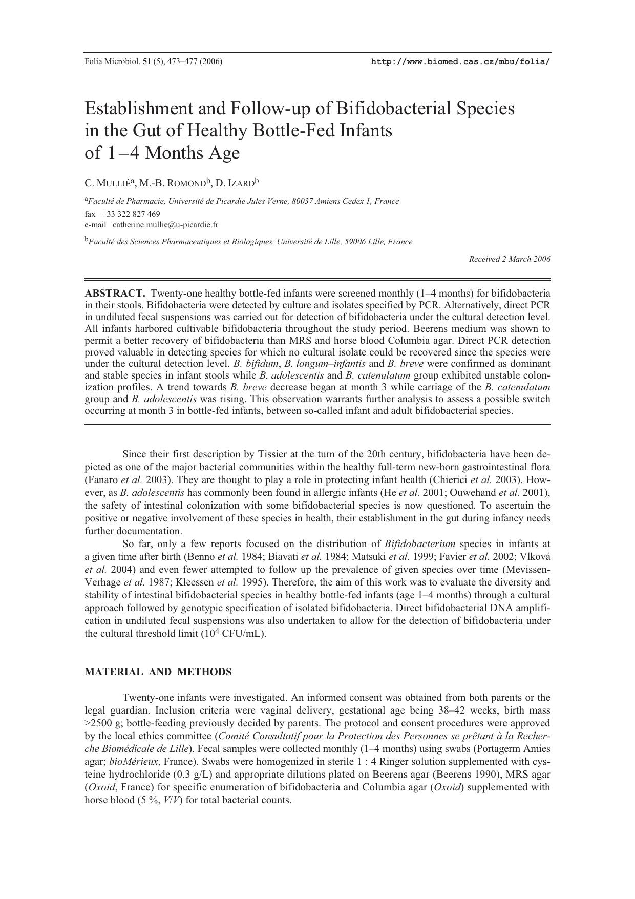 Establishment and follow-up of bifidobacterial species in the gut of healthy bottle-fed infants of 1–4 months age by Unknown