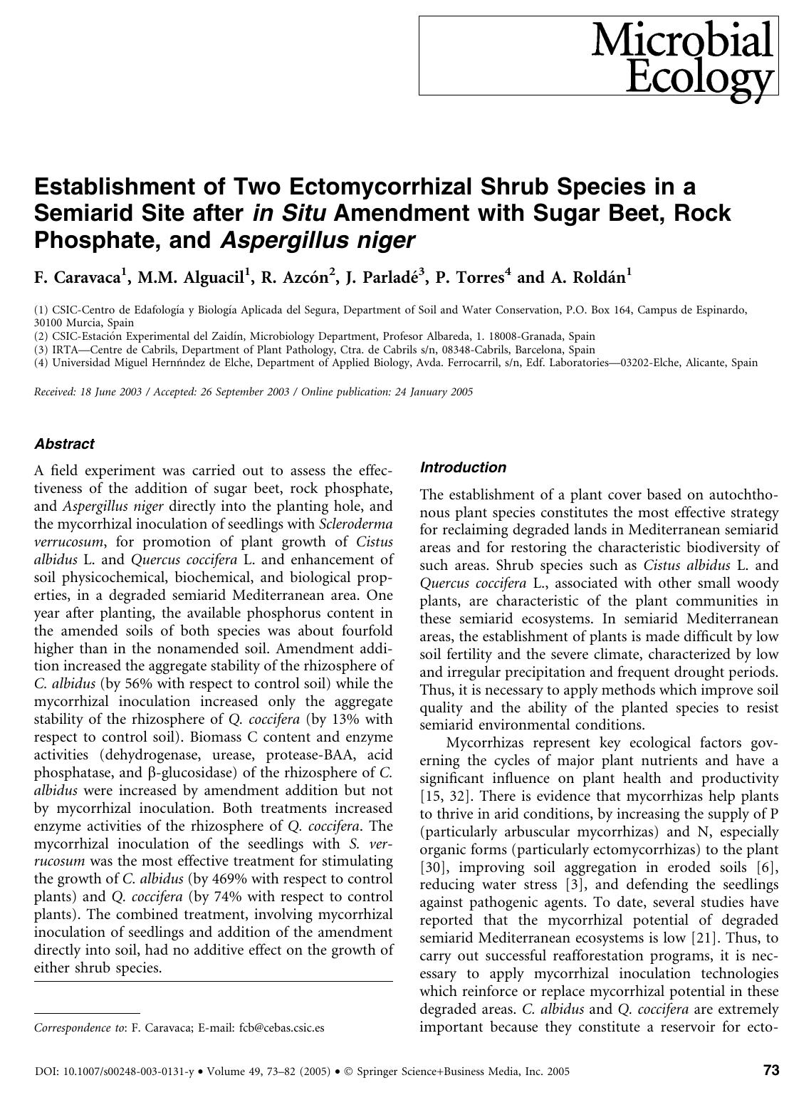 Establishment of Two Ectomycorrhizal Shrub Species in a Semiarid Site after in Situ Amendment with Sugar Beet, Rock Phosphate, and Aspergillus niger by Caravaca F. et al