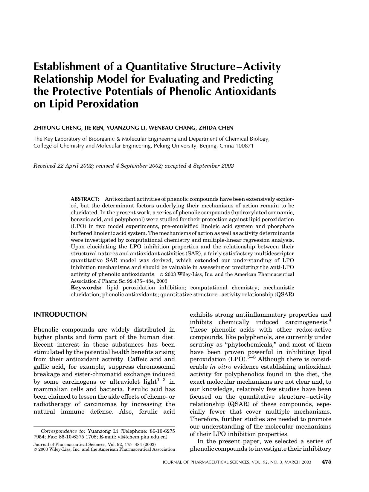 Establishment of a quantitative structure-activity relationship model for evaluating and predicting the protective potentials of phenolic antioxidants on lipid peroxidation by Unknown