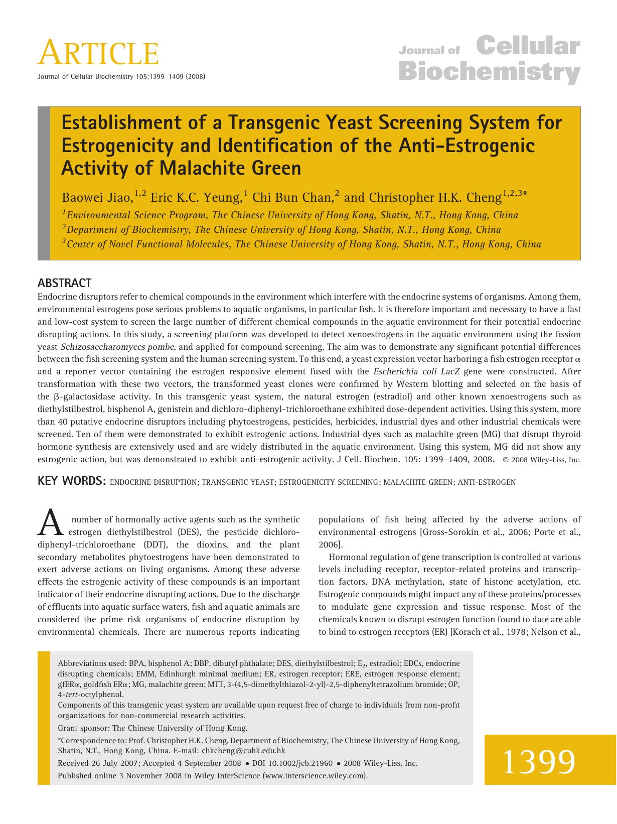 Establishment of a transgenic yeast screening system for estrogenicity and identification of the anti-estrogenic activity of malachite green by Unknown
