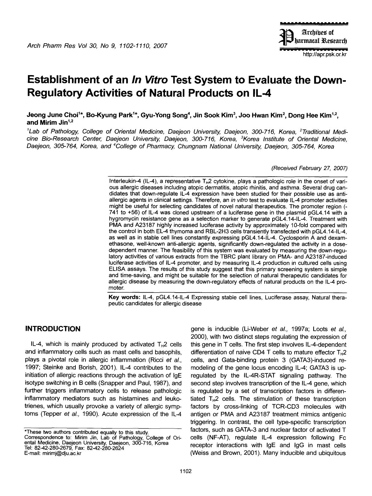 Establishment of an In Vitro Test System to Evaluate the Down-Regulatory Activities of Natural Products on IL-4 by Unknown