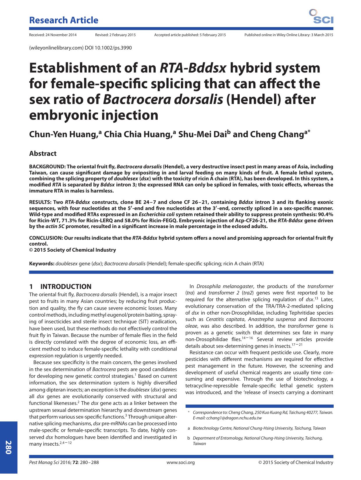 Establishment of an RTA-Bddsx hybrid system for female-specific splicing that can affect the sex ratio of Bactrocera dorsalis (Hendel) after embryonic injection by Unknown