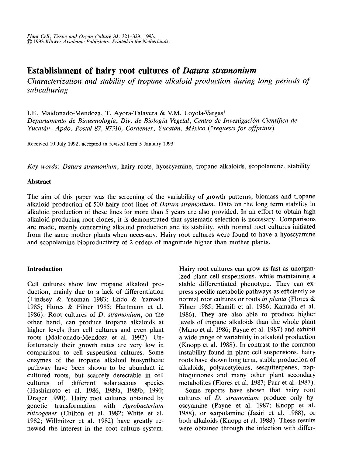 Establishment of hairy root cultures of <Emphasis Type="Italic">Datura stramonium <Emphasis>. Characterization and stability of tropane alkaloid production during long periods of subculturing by Unknown