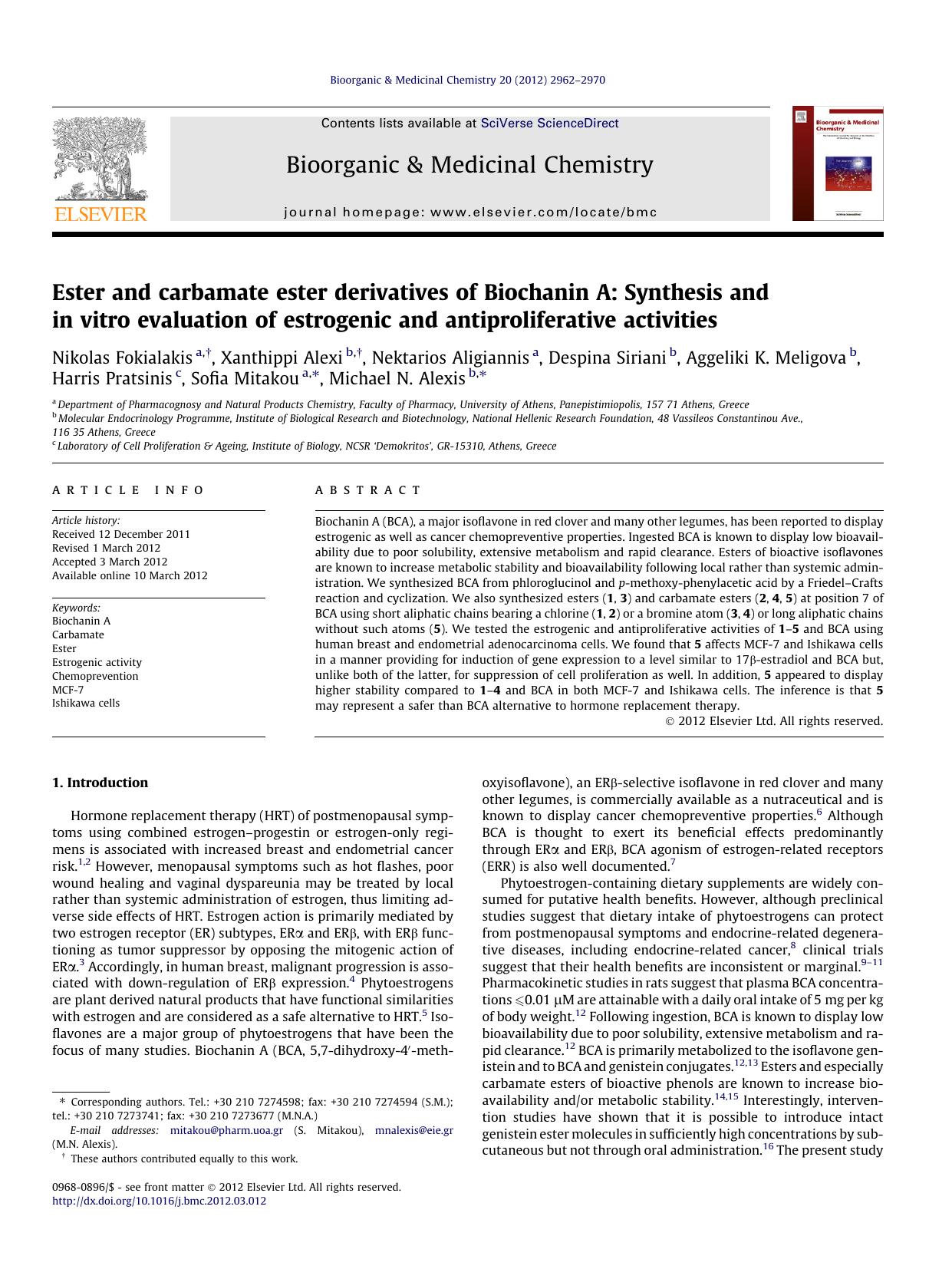 Ester and carbamate ester derivatives of Biochanin A: Synthesis and in vitro evaluation of estrogenic and antiproliferative activities by unknow