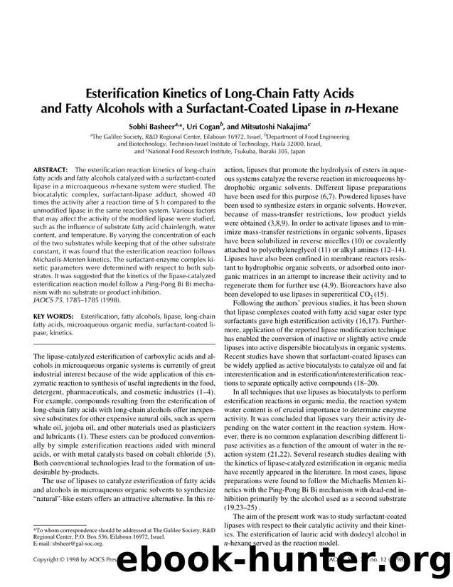 Esterification kinetics of long-chain fatty acids and fatty alcohols with a surfactant-coated lipase in  <Emphasis Type="Italic">n <Emphasis>-hexane by Unknown