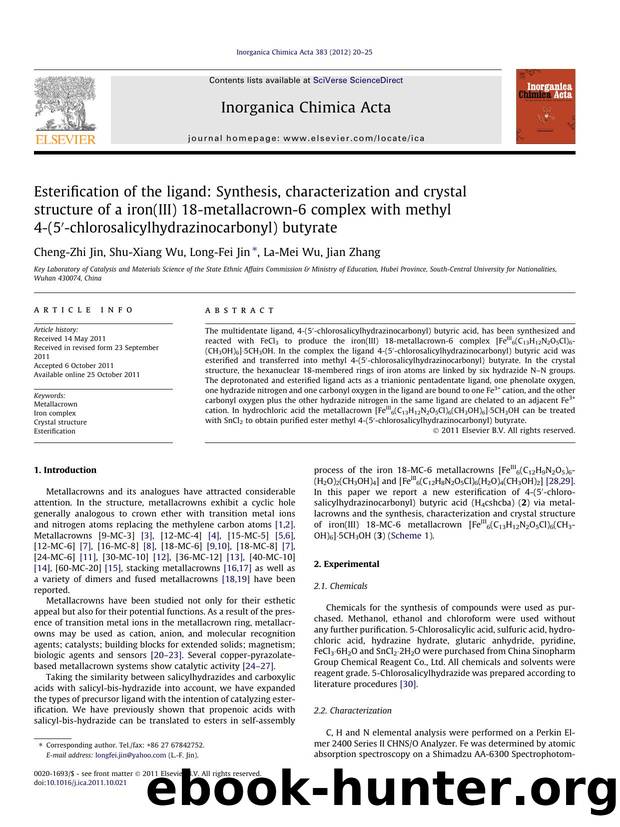 Esterification of the ligand: Synthesis, characterization and crystal structure of a iron(III) 18-metallacrown-6 complex with methyl 4-(5Ã¢â¬Â²-chlorosalicylhydrazinocarbonyl) butyrate by Cheng-Zhi Jin & Shu-Xiang Wu & Long-Fei Jin & La-Mei Wu & Jian Zhang